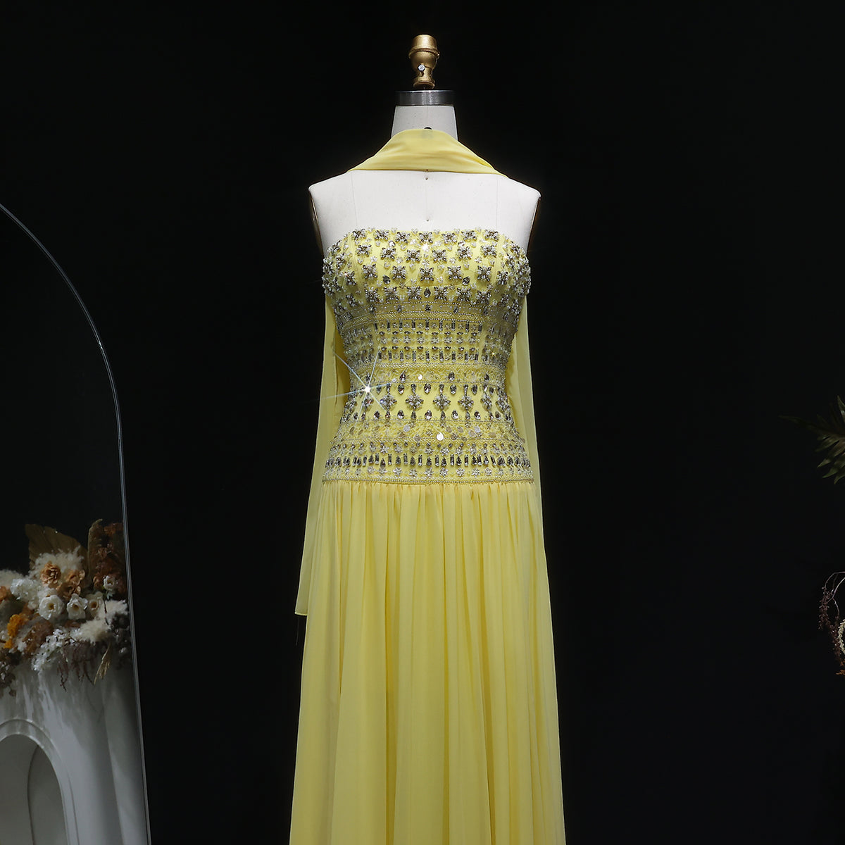 Strapless Lilac Beaded Bodice Evening Dress with Flowing Skirt SS539 