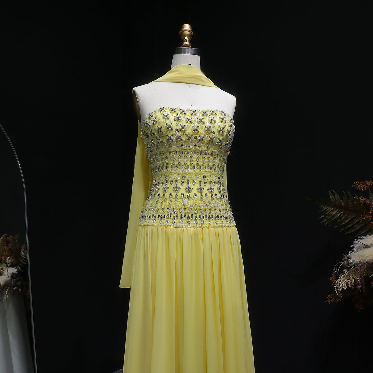 Strapless Lilac Beaded Bodice Evening Dress with Flowing Skirt SS539 