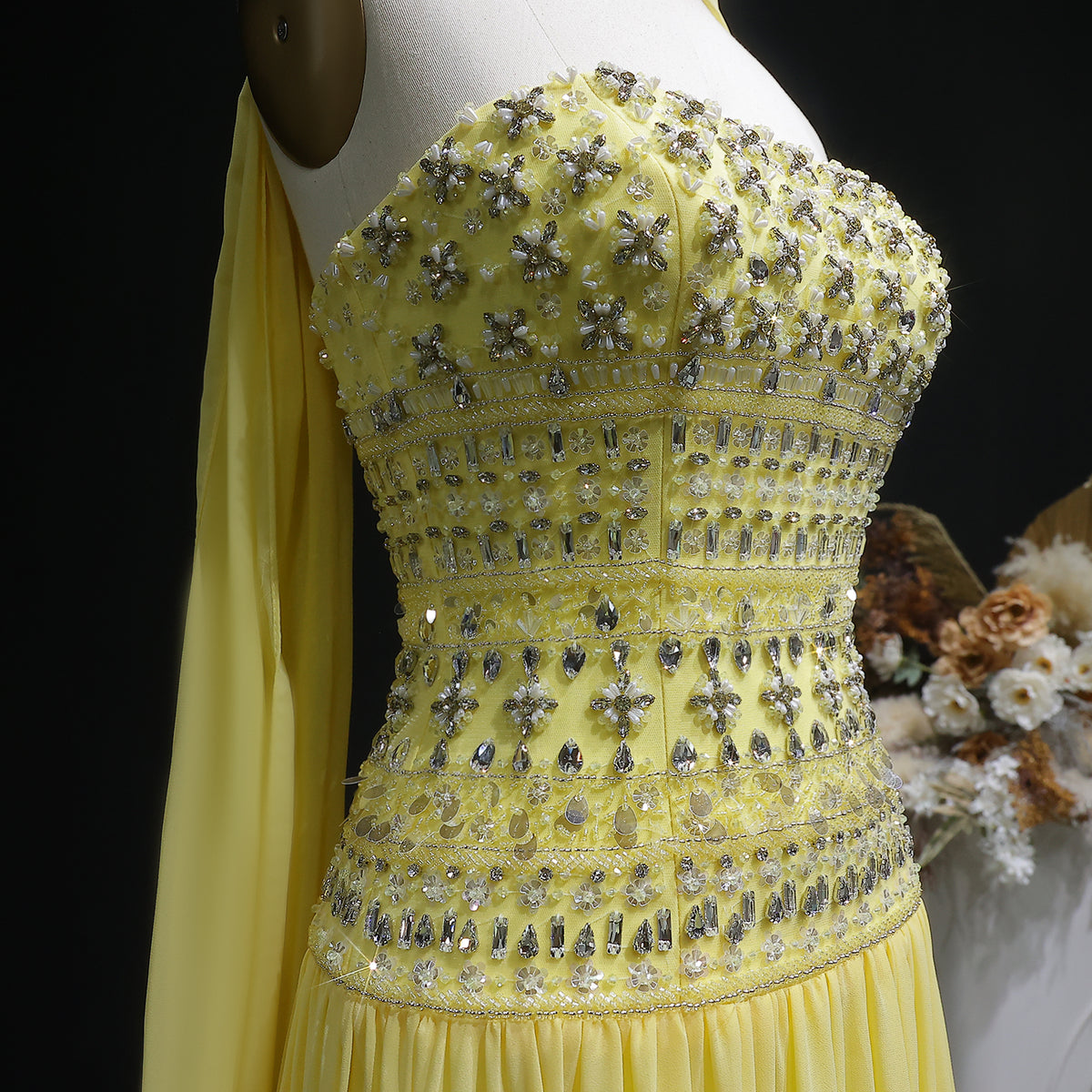 Strapless Lilac Beaded Bodice Evening Dress with Flowing Skirt SS539 