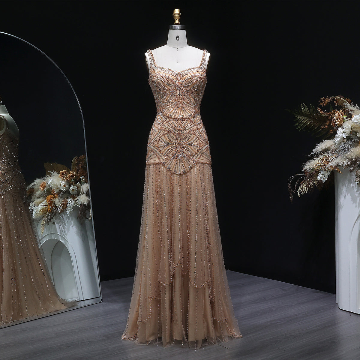 Elegant Champagne Ruffled Beaded Evening Dress SS552 