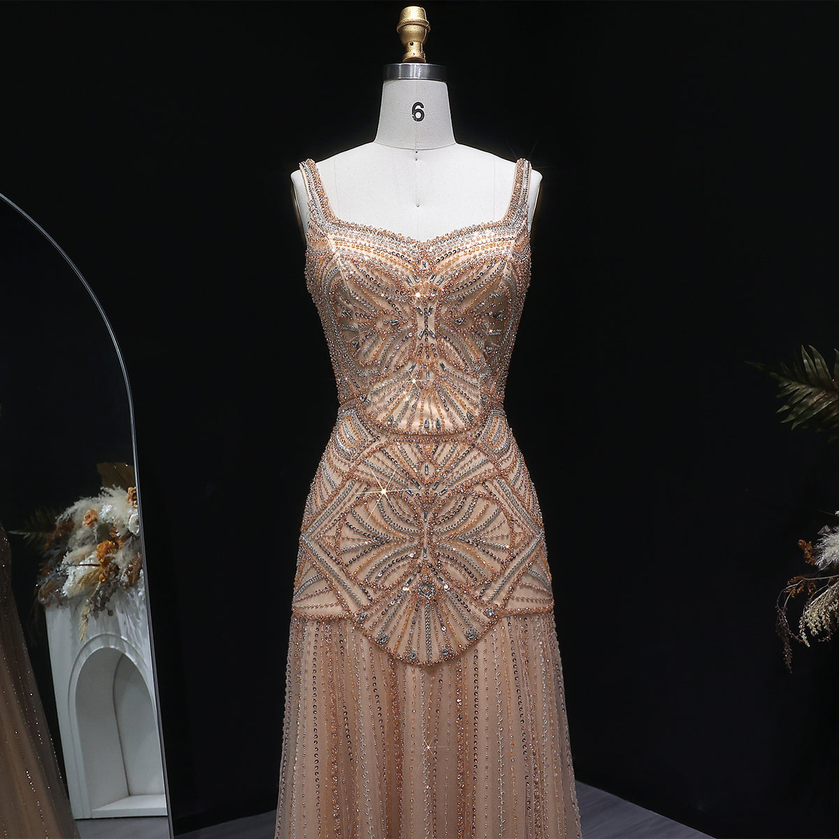 Elegant Champagne Ruffled Beaded Evening Dress SS552 