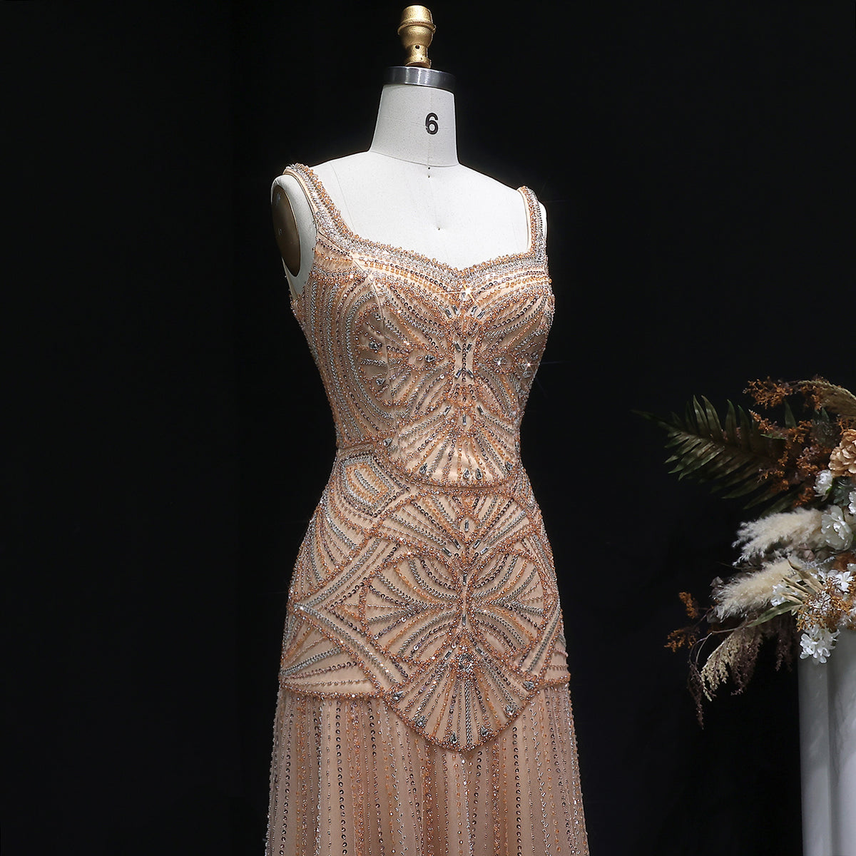 Elegant Champagne Ruffled Beaded Evening Dress SS552 