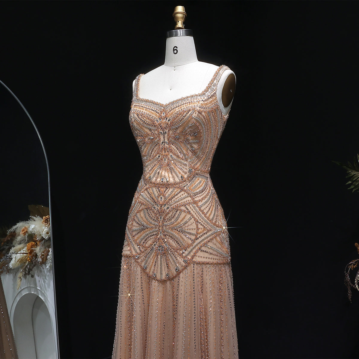 Elegant Champagne Ruffled Beaded Evening Dress SS552 