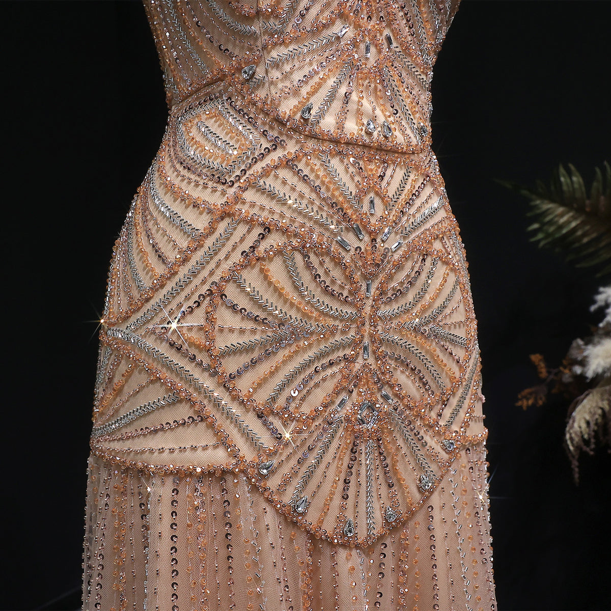Elegant Champagne Ruffled Beaded Evening Dress SS552 