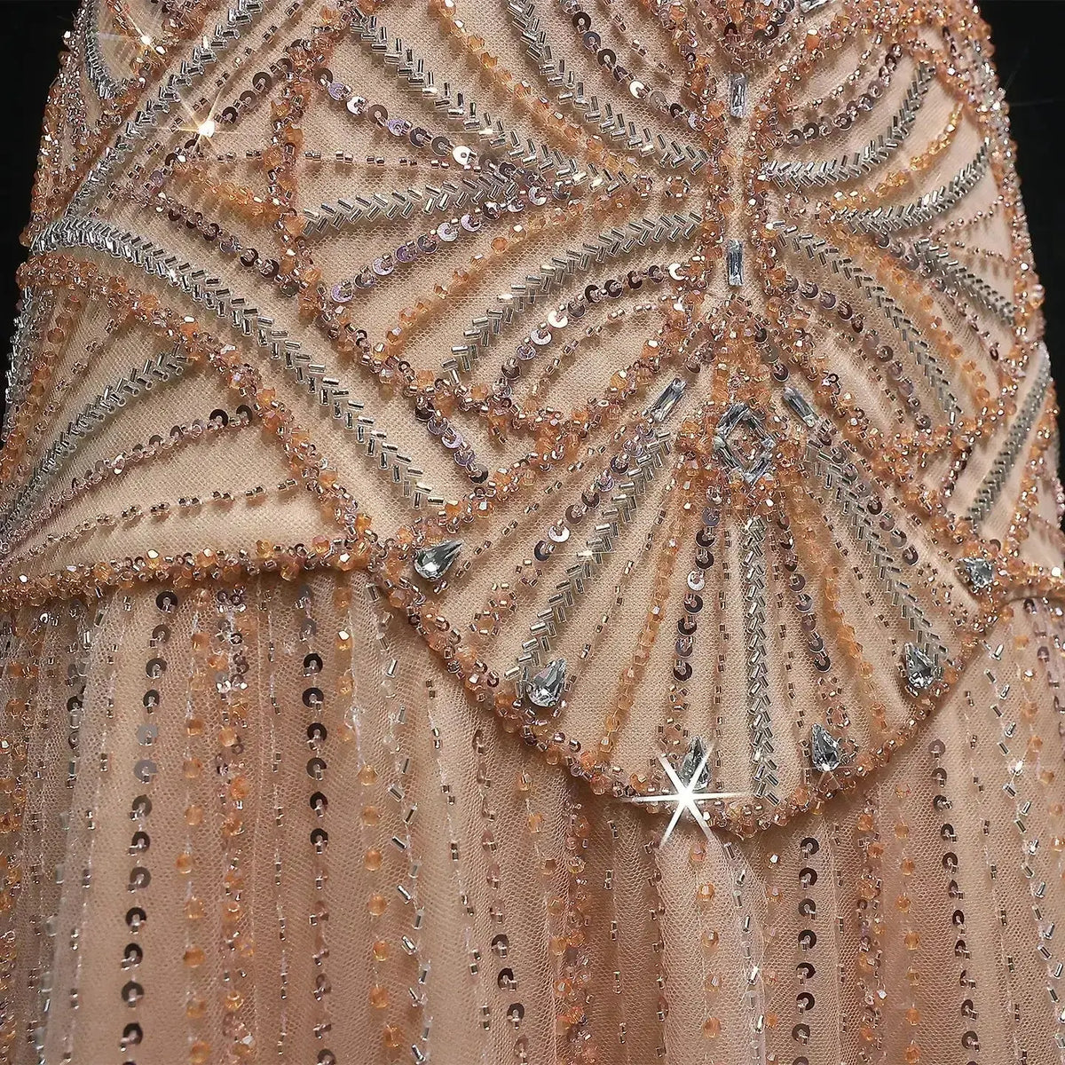 Elegant Champagne Ruffled Beaded Evening Dress - SS552 SHARONSAID Elegant Champagne Ruffled Beaded Evening Dress - SS552 SHARONSAID