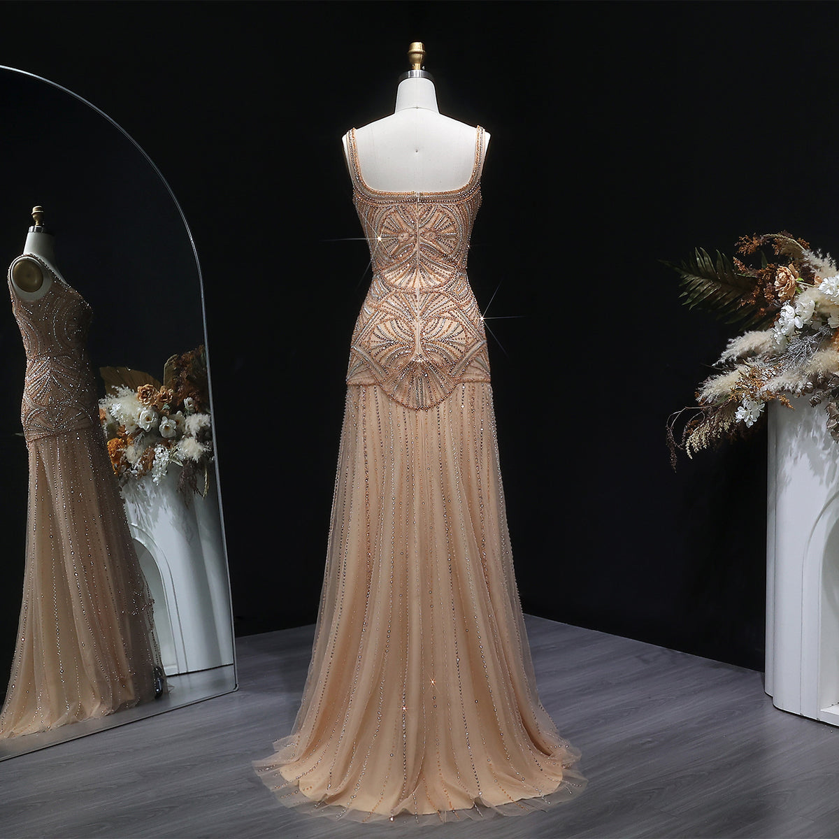 Elegant Champagne Ruffled Beaded Evening Dress SS552 