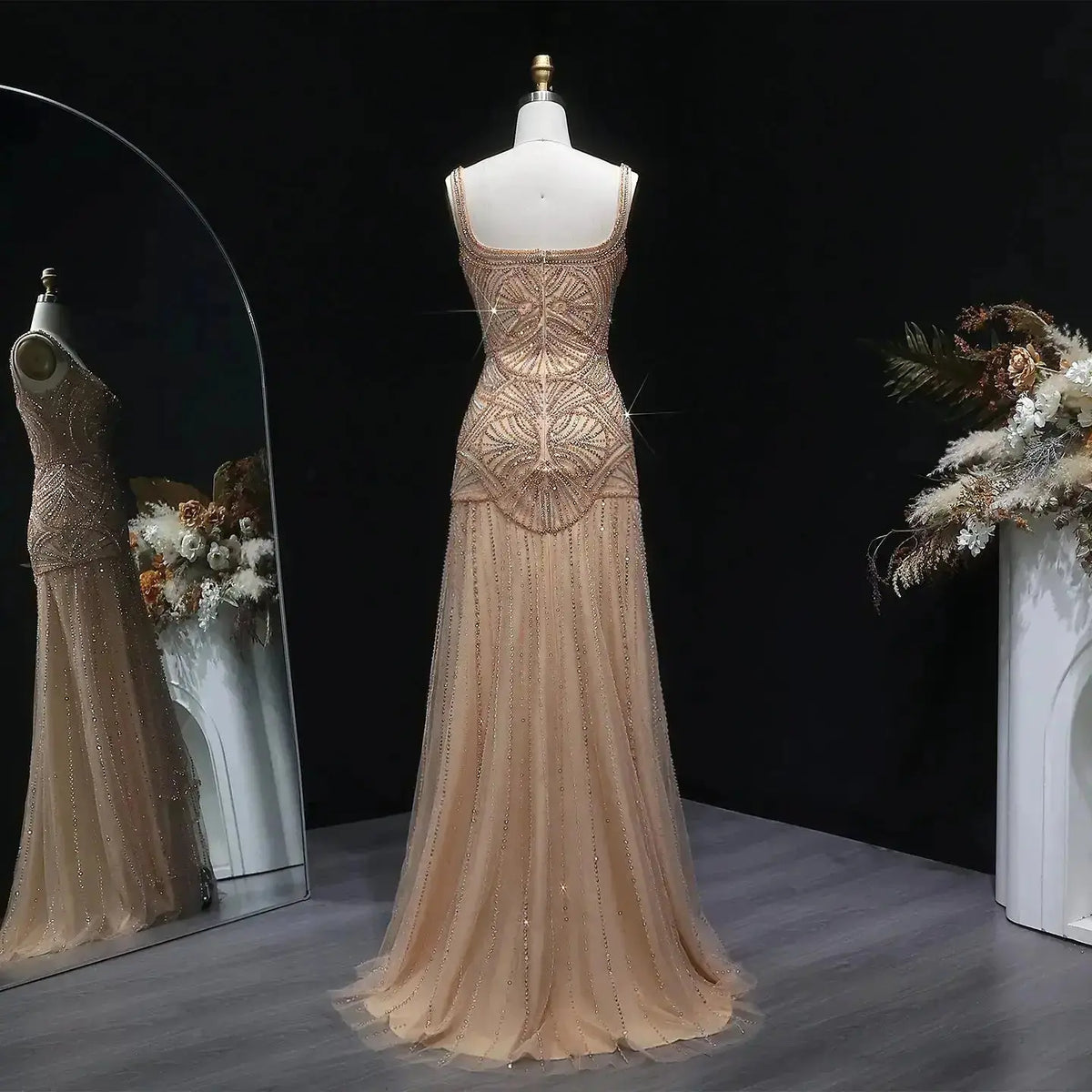Elegant Champagne Ruffled Beaded Evening Dress - SS552 SHARONSAID Elegant Champagne Ruffled Beaded Evening Dress - SS552 SHARONSAID
