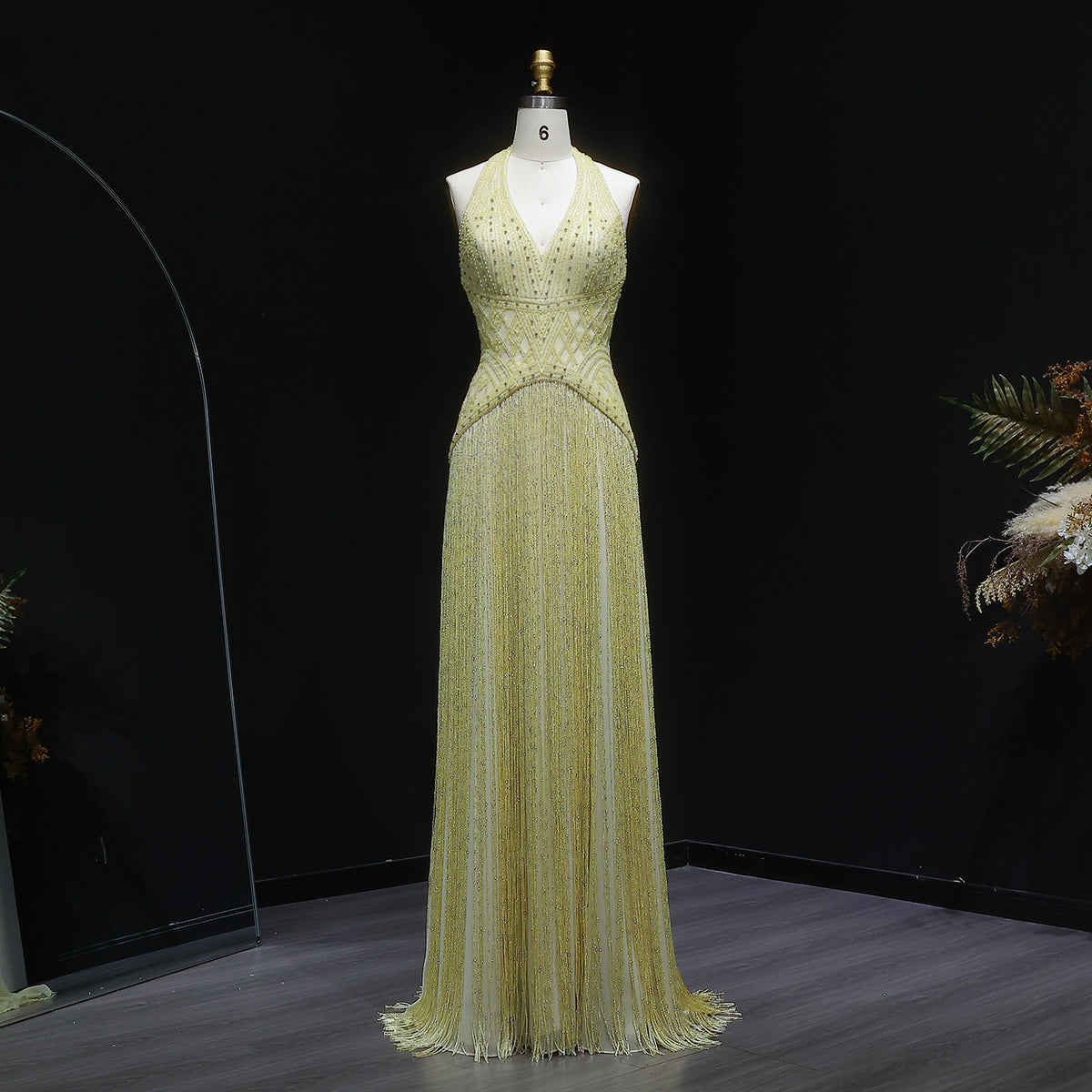 Exquisite Yellow Beaded Halter Neck Deep V Gala Evening Dress SS554 