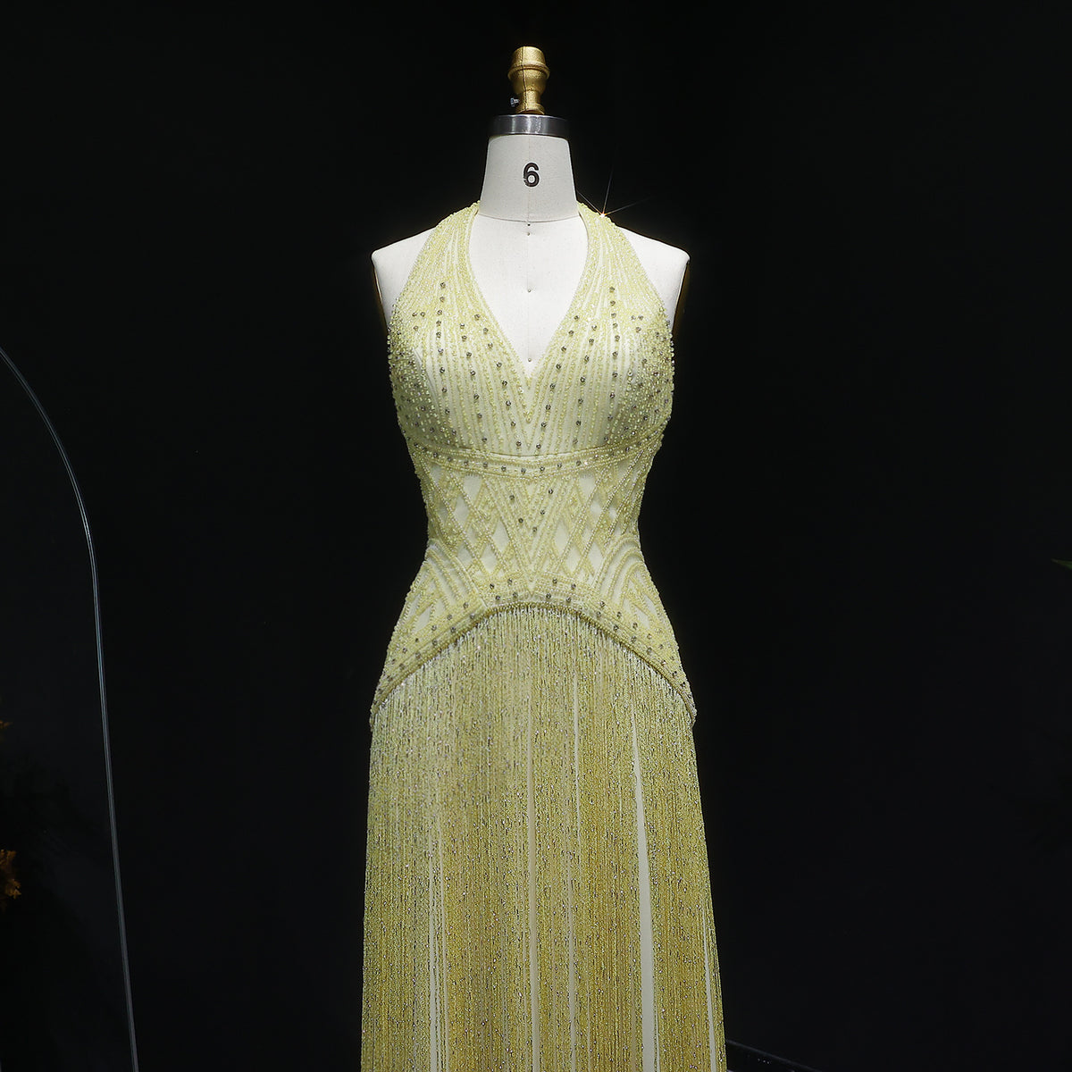 Exquisite Yellow Beaded Halter Neck Deep V Gala Evening Dress SS554 