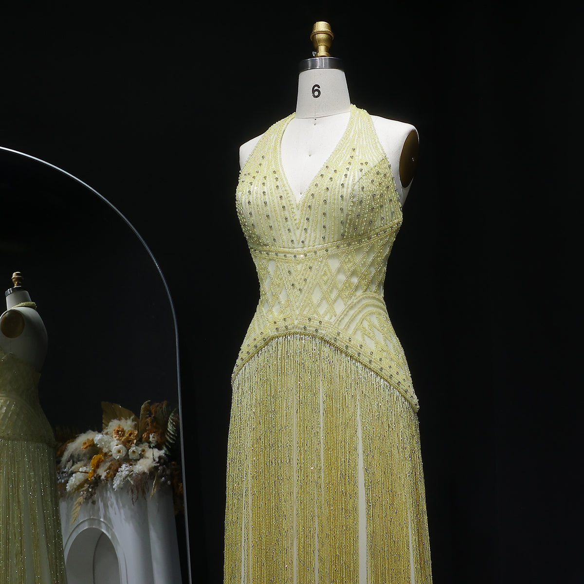 Exquisite Yellow Beaded Halter Neck Deep V Gala Evening Dress SS554 