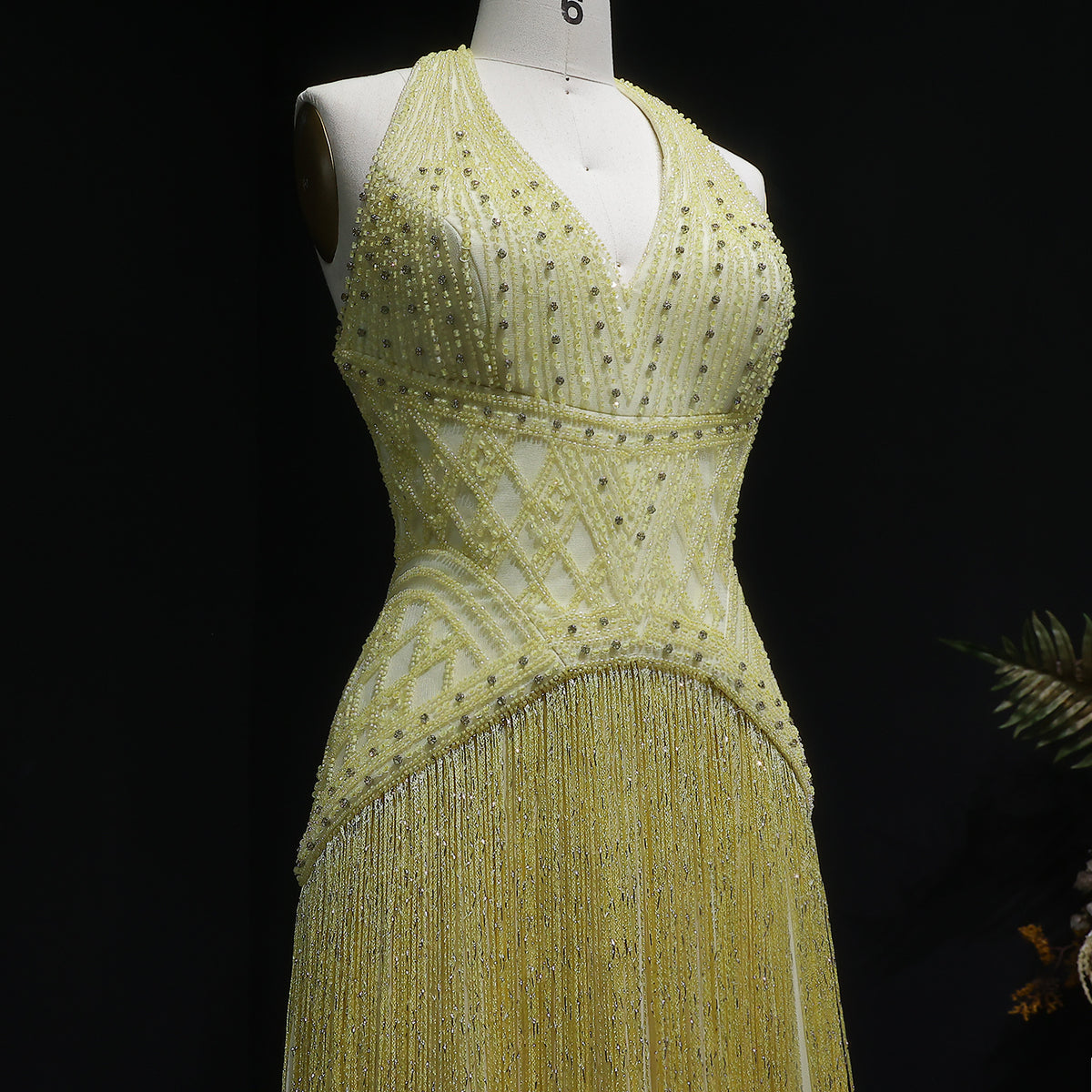 Exquisite Yellow Beaded Halter Neck Deep V Gala Evening Dress SS554 
