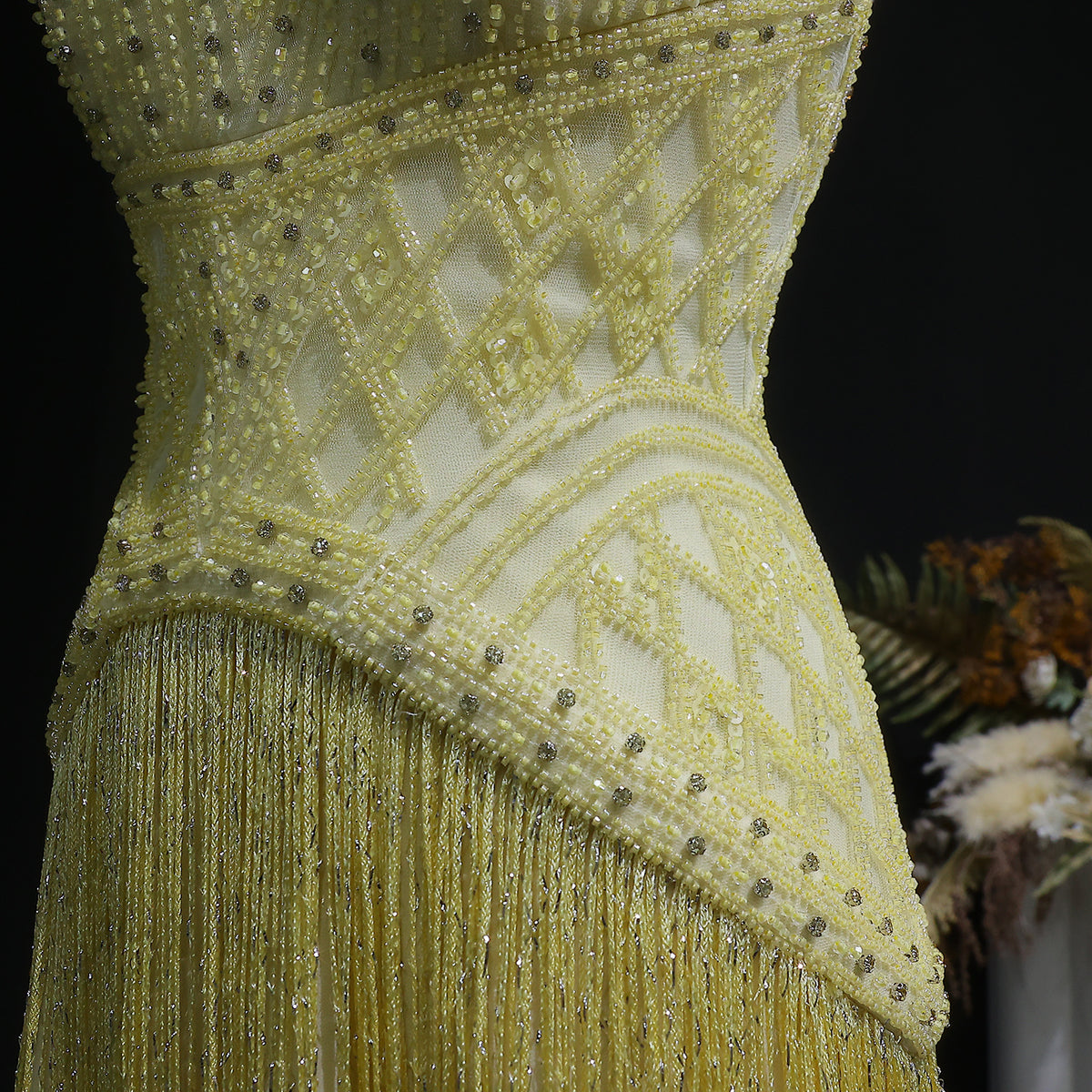 Exquisite Yellow Beaded Halter Neck Deep V Gala Evening Dress SS554 