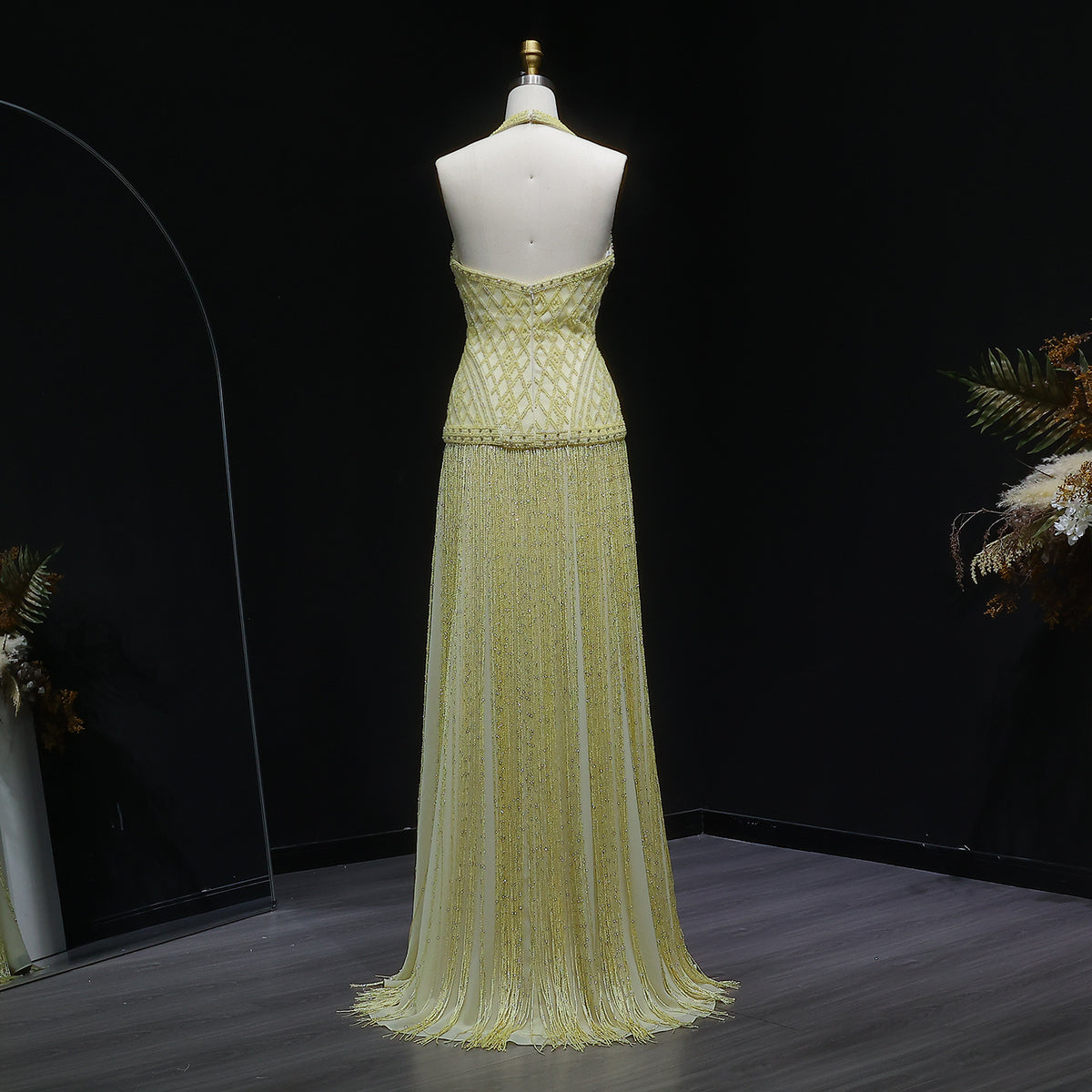 Exquisite Yellow Beaded Halter Neck Deep V Gala Evening Dress SS554 