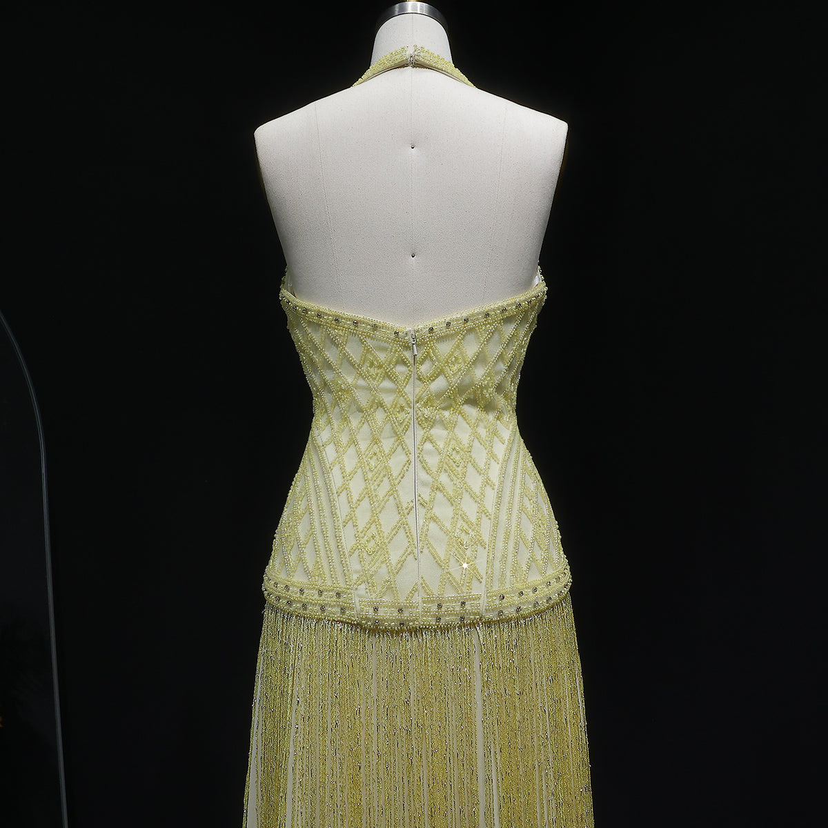 Exquisite Yellow Beaded Halter Neck Deep V Gala Evening Dress SS554 