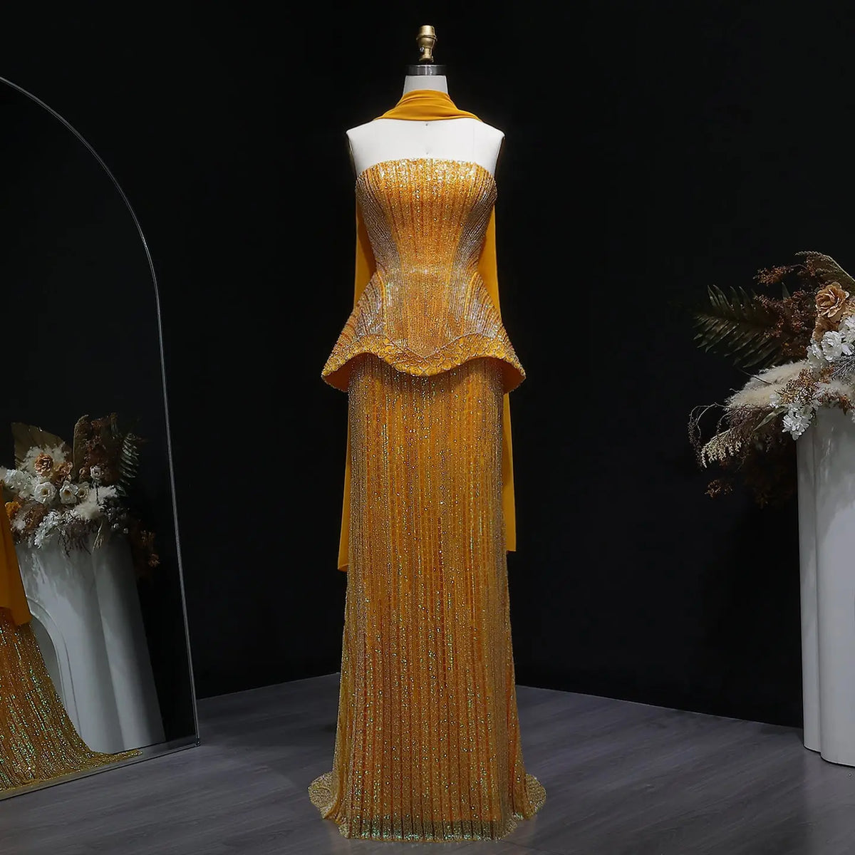 Glamorous Orange Sequin Strapless Peplum Evening Dress with Scarf SS560 