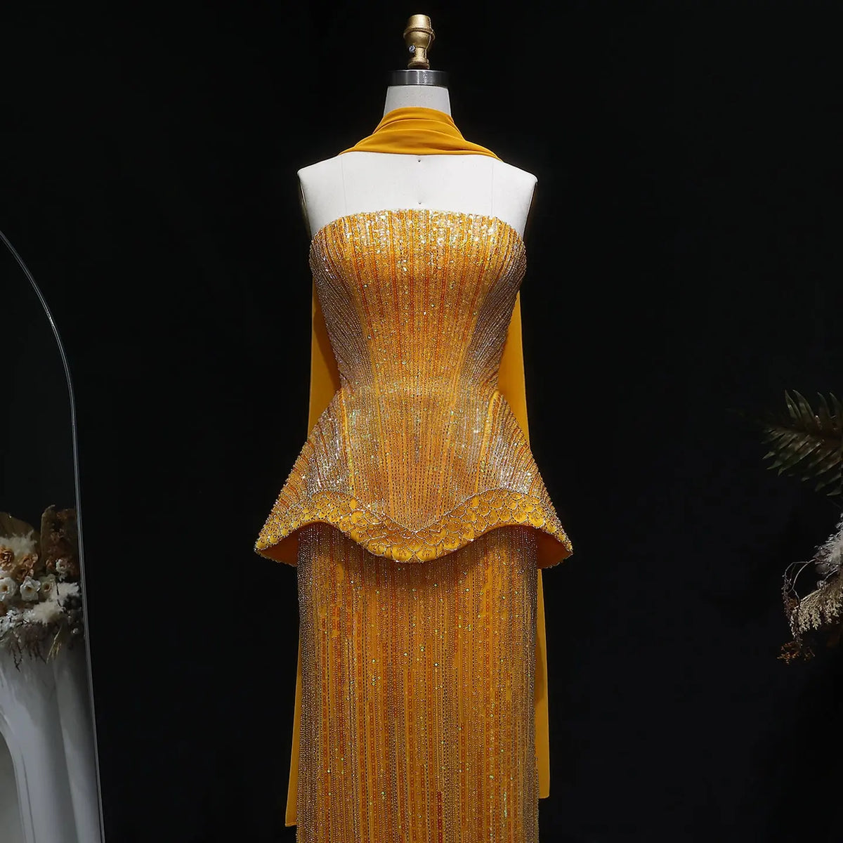Glamorous Orange Sequin Strapless Peplum Evening Dress with Scarf SS560 Glamorous Orange Sequin Strapless Peplum Evening Dress with Scarf SS560