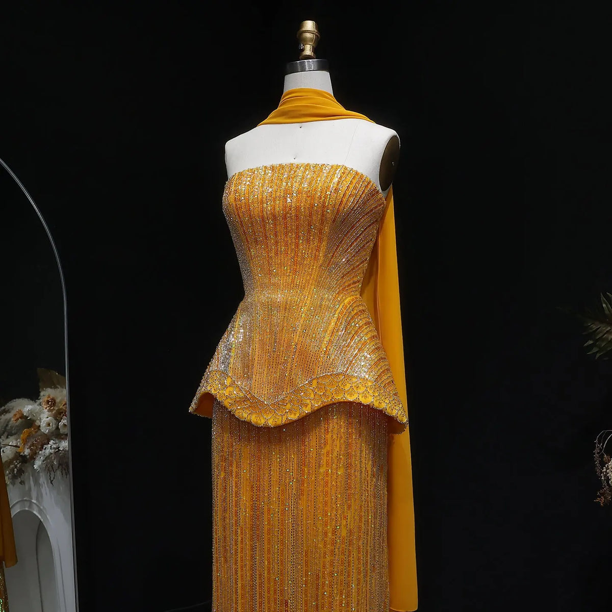 Glamorous Orange Sequin Strapless Peplum Evening Dress with Scarf SS560 