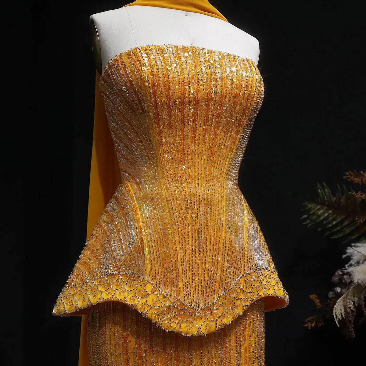 Glamorous Orange Sequin Strapless Peplum Evening Dress with Scarf SS560 