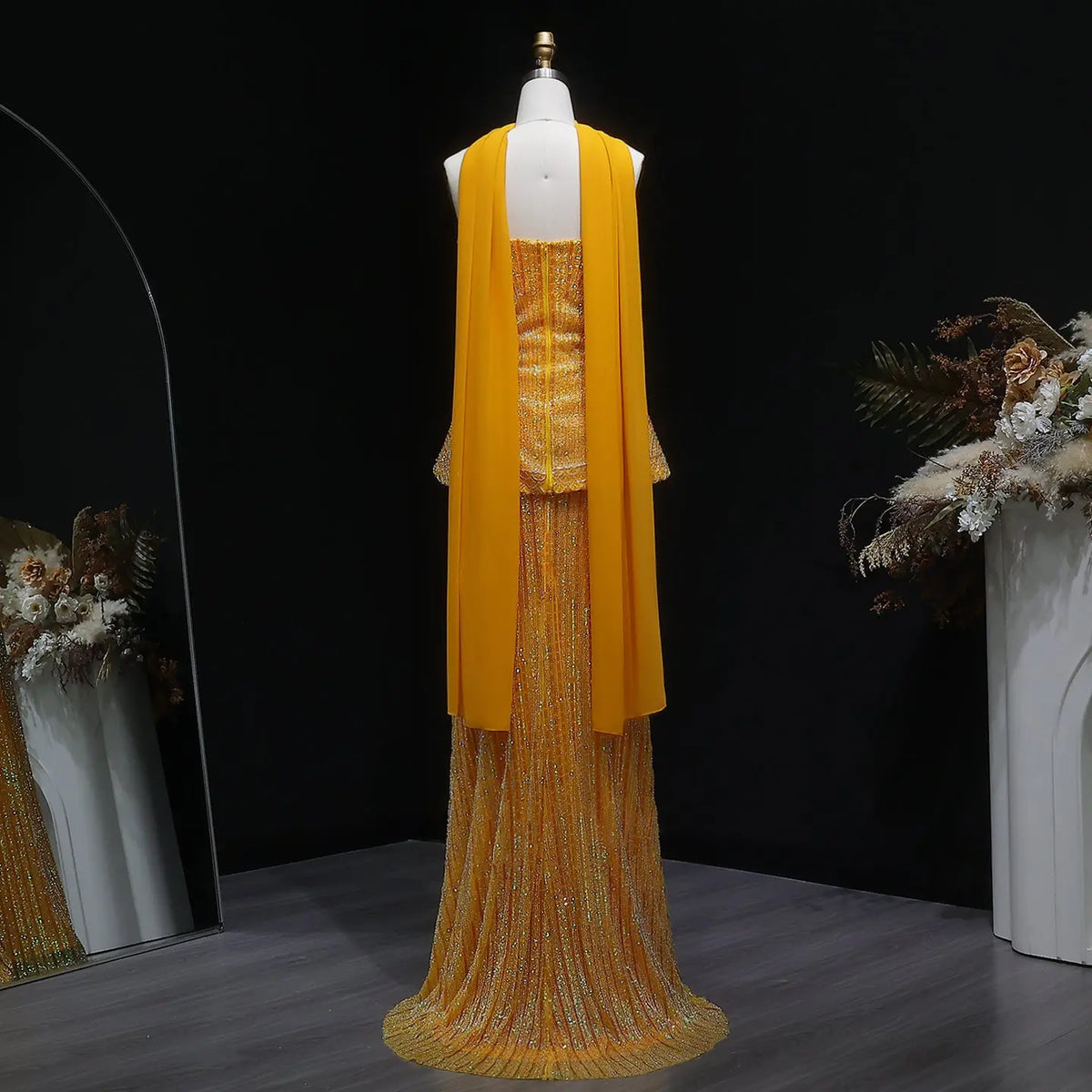 Glamorous Orange Sequin Strapless Peplum Evening Dress with Scarf SS560 