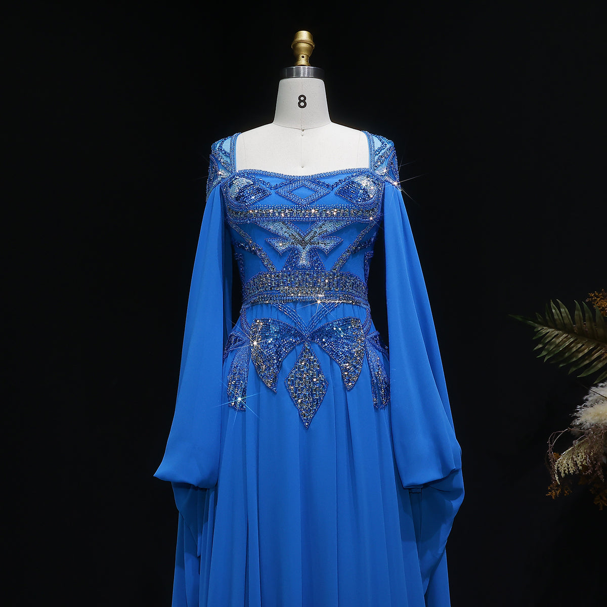 Sparkling Blue Sequin Beaded Evening Dress with Cap Sleeve SS562 