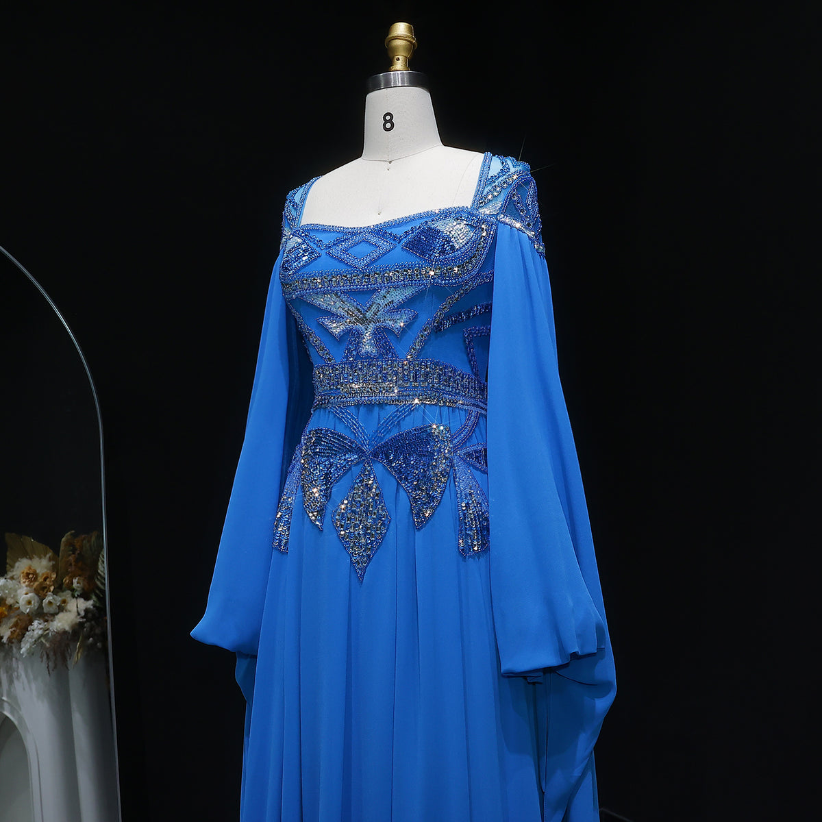 Sparkling Blue Sequin Beaded Evening Dress with Cap Sleeve SS562 
