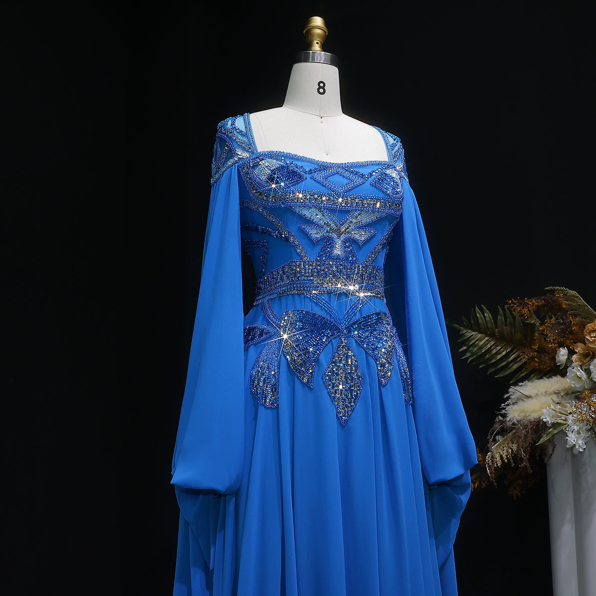 Sparkling Blue Sequin Beaded Evening Dress with Cap Sleeve SS562 