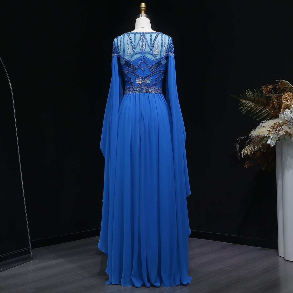 Sparkling Blue Sequin Beaded Evening Dress with Cap Sleeve SS562 