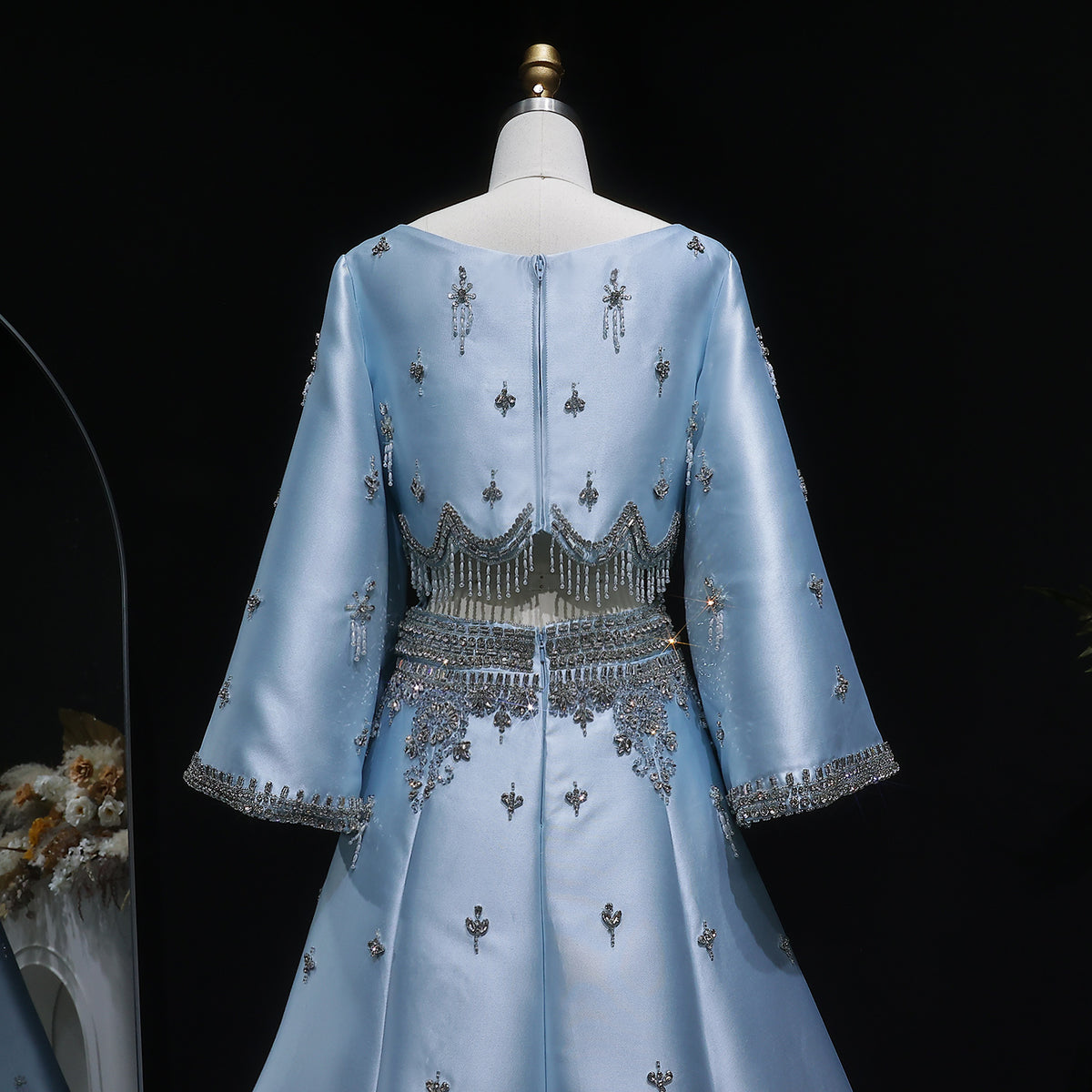 Luxury Burgundy Crystal Beaded 2 Piece Long Sleeve Evening Dress SS573 