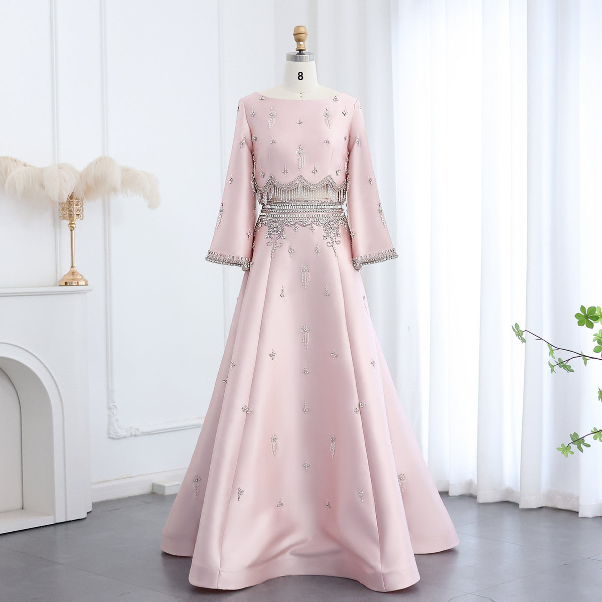 Luxury Burgundy Crystal Beaded 2 Piece Long Sleeve Evening Dress SS573 