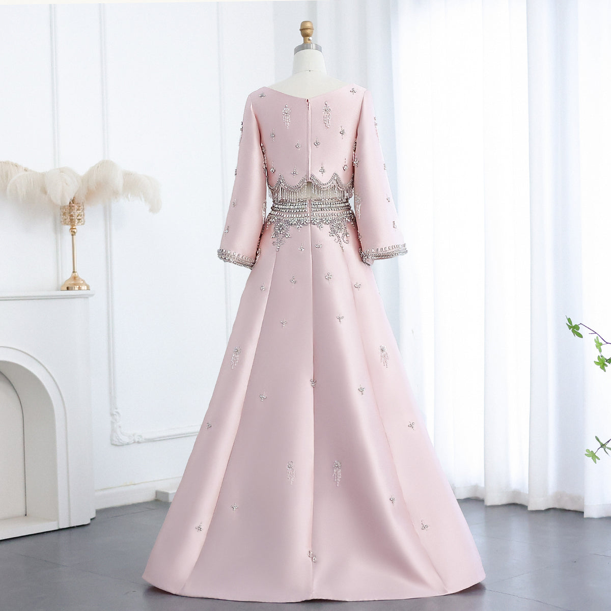 Luxury Burgundy Crystal Beaded 2 Piece Long Sleeve Evening Dress SS573 