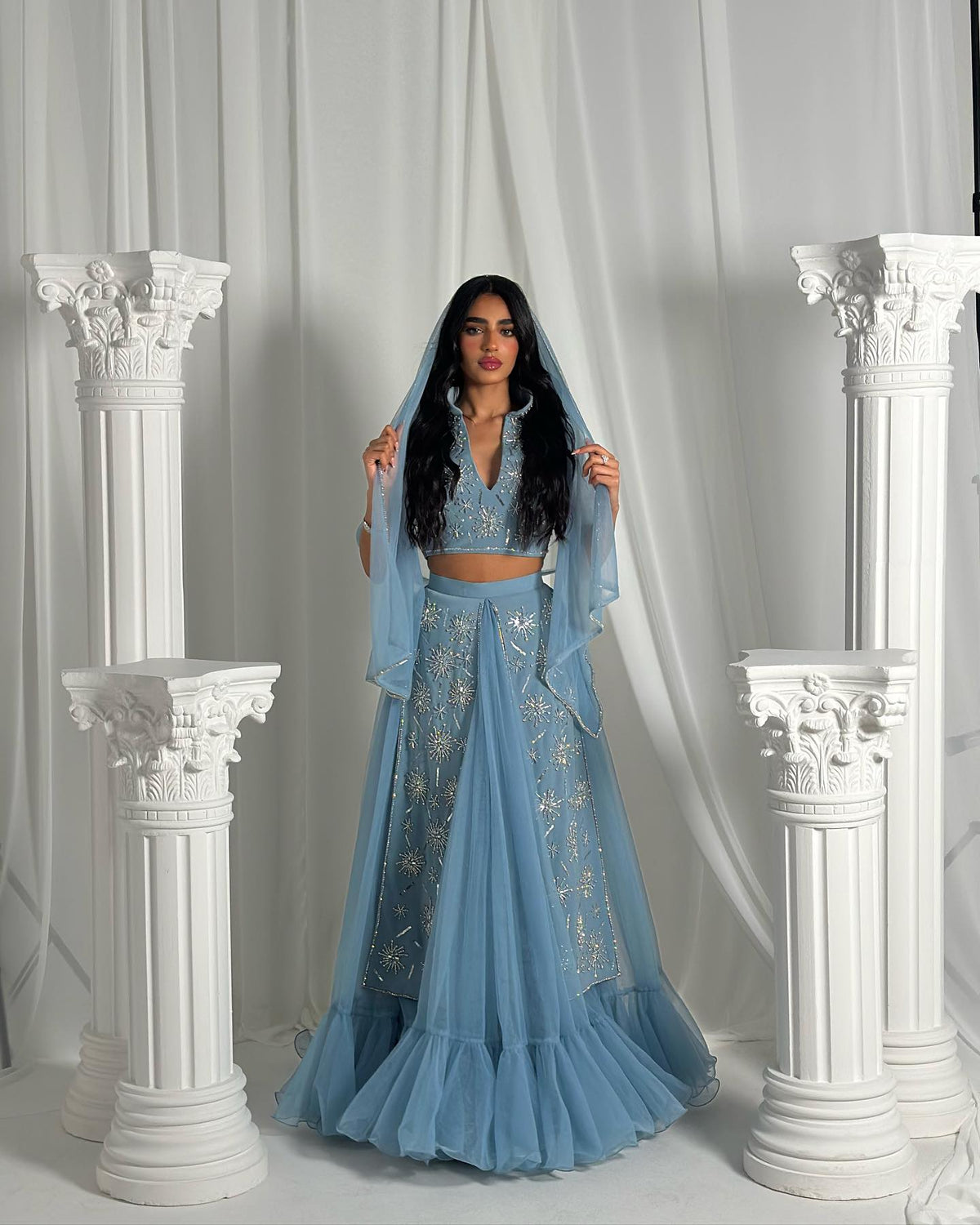 Luxury Blue Beaded 2 pieces Evening Dress with ruffles SS597