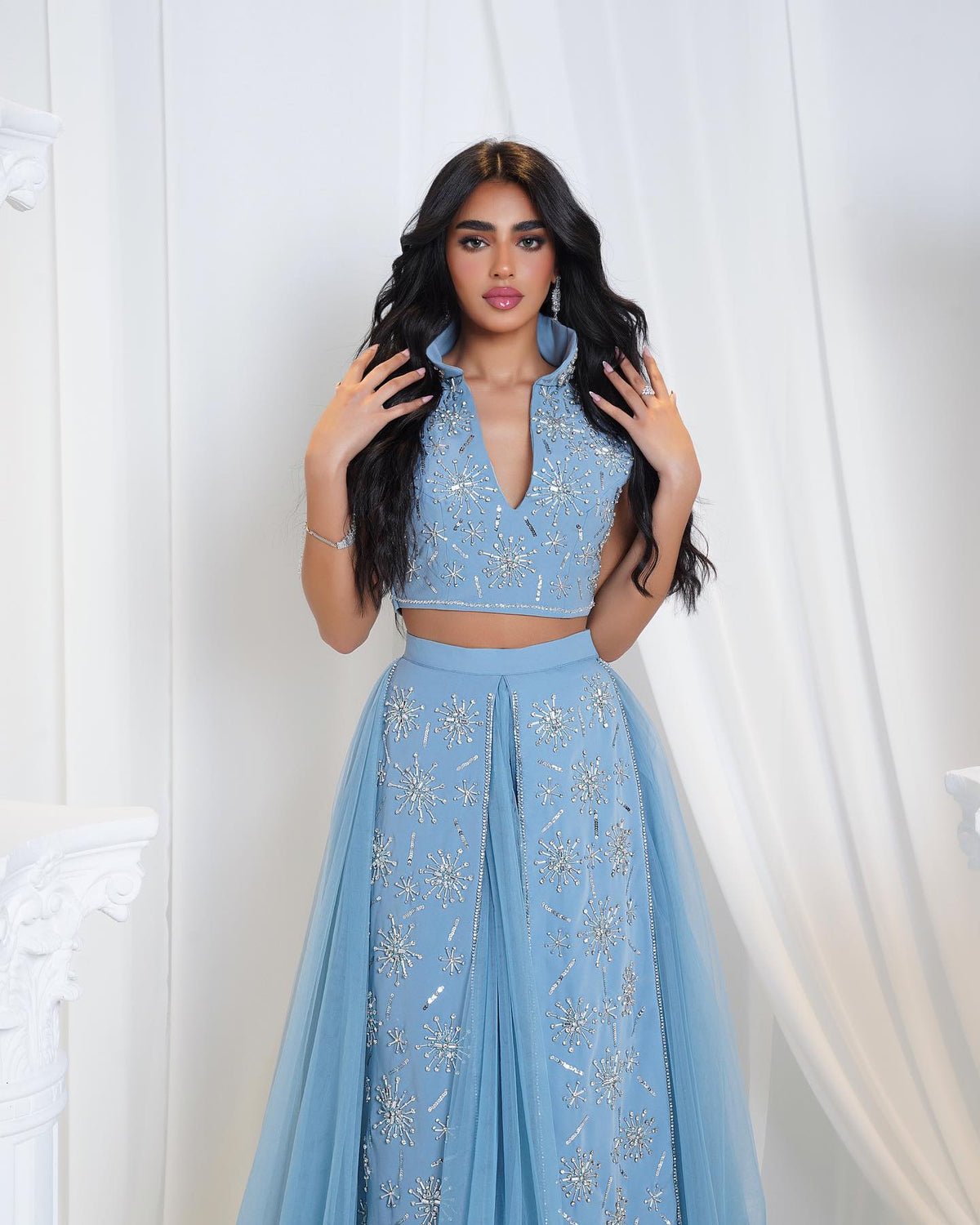 Luxury Blue Beaded 2 pieces Evening Dress with ruffles SS597