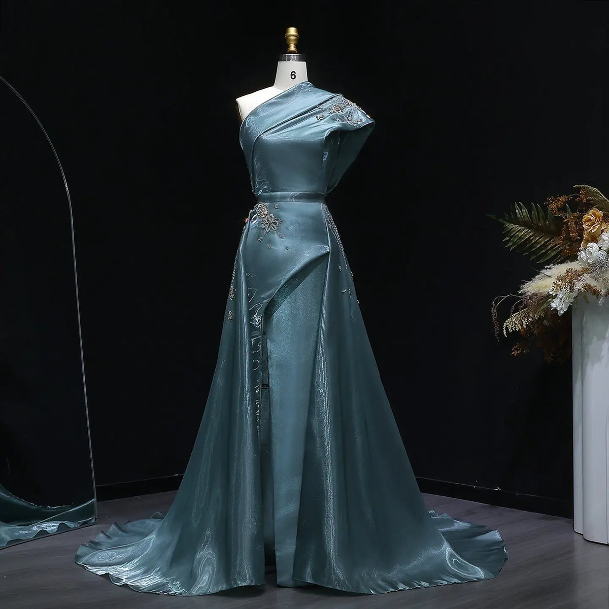 Glamorous Turquoise One-Shoulder Crystal Evening Dress with Overskirt SS600 