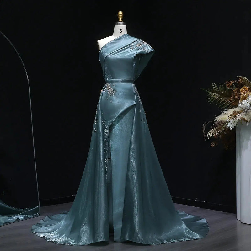 Glamorous Turquoise One-Shoulder Crystal Evening Dress with Overskirt SS600 