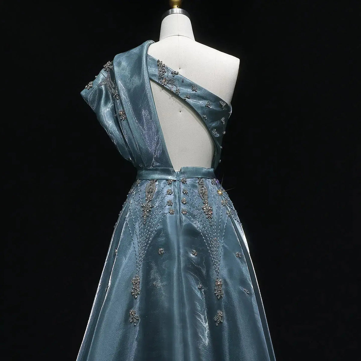 Glamorous Turquoise One-Shoulder Crystal Evening Dress with Overskirt SS600