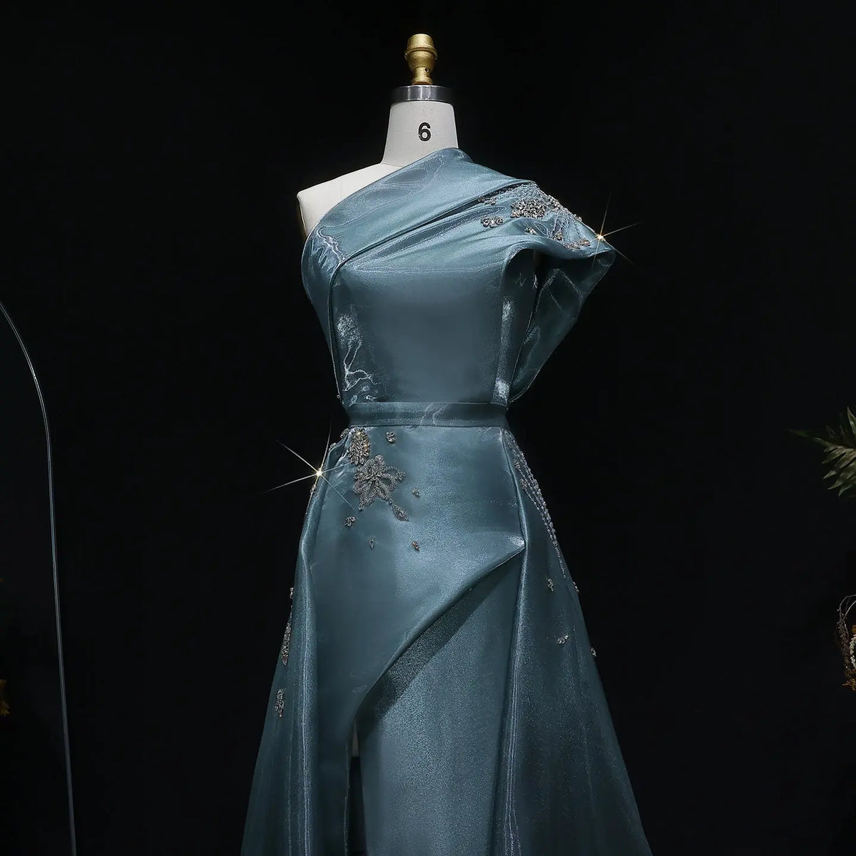 Glamorous Turquoise One-Shoulder Crystal Evening Dress with Overskirt SS600 