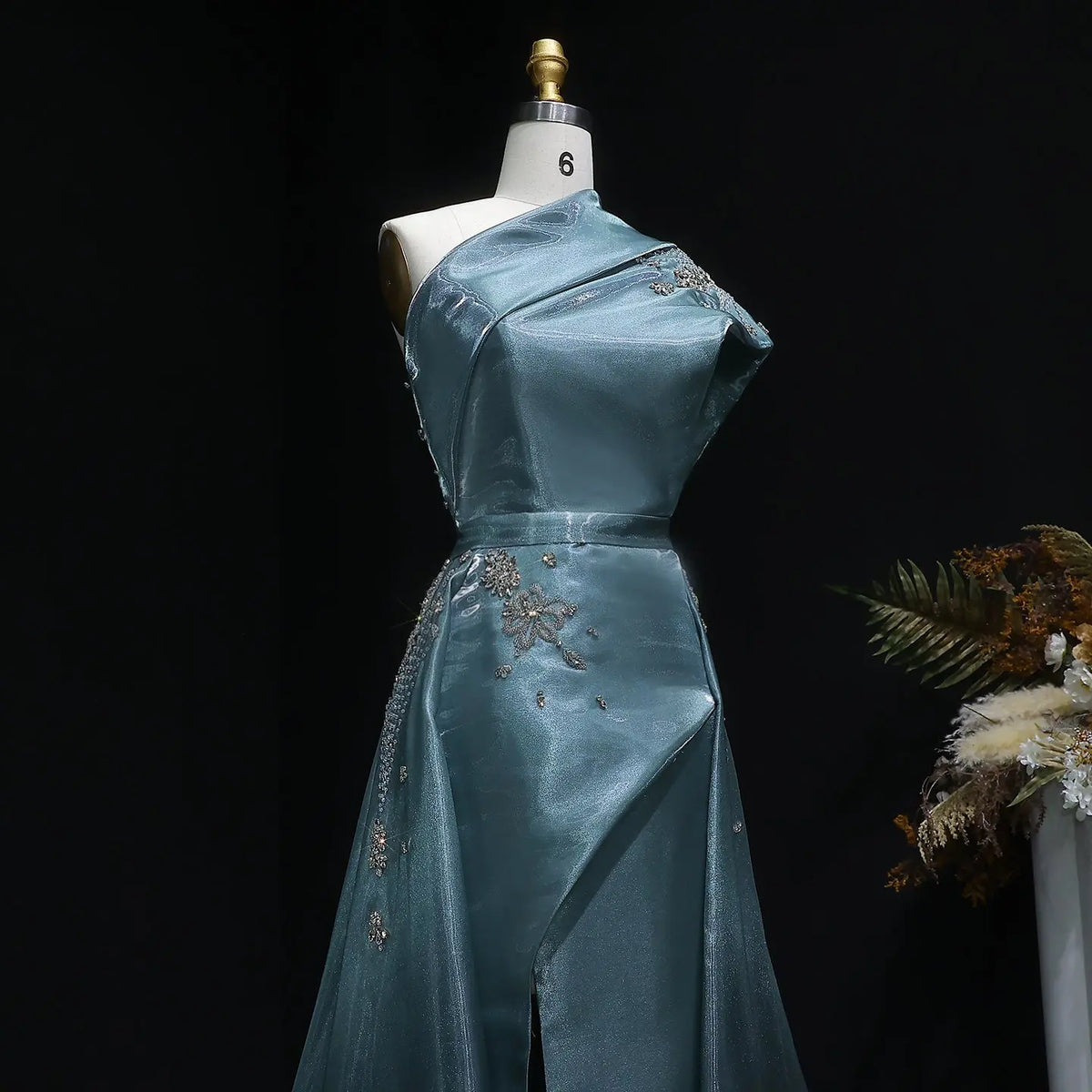Glamorous Turquoise One-Shoulder Crystal Evening Dress with Overskirt SS600 