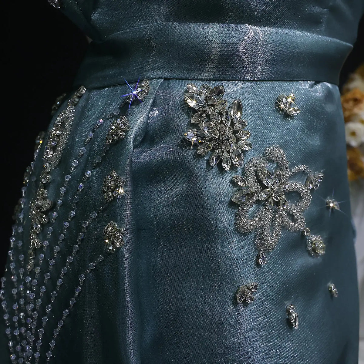 Glamorous Turquoise One-Shoulder Crystal Evening Dress with Overskirt SS600 