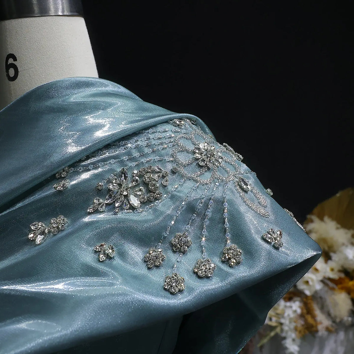 Glamorous Turquoise One-Shoulder Crystal Evening Dress with Overskirt SS600 