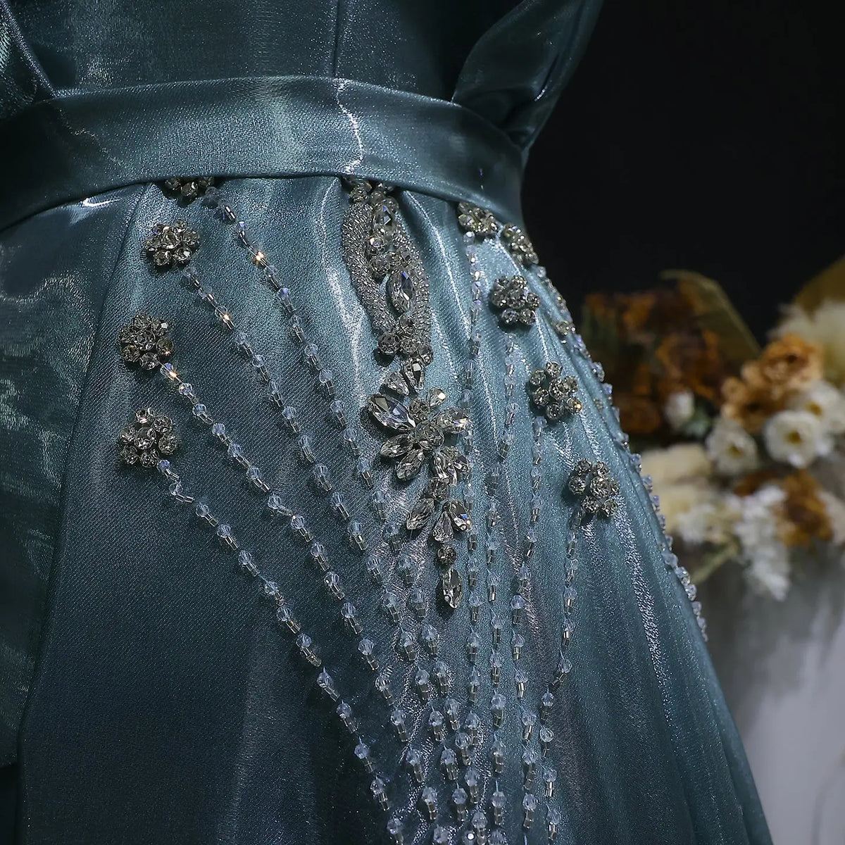 Glamorous Turquoise One-Shoulder Crystal Evening Dress with Overskirt SS600 