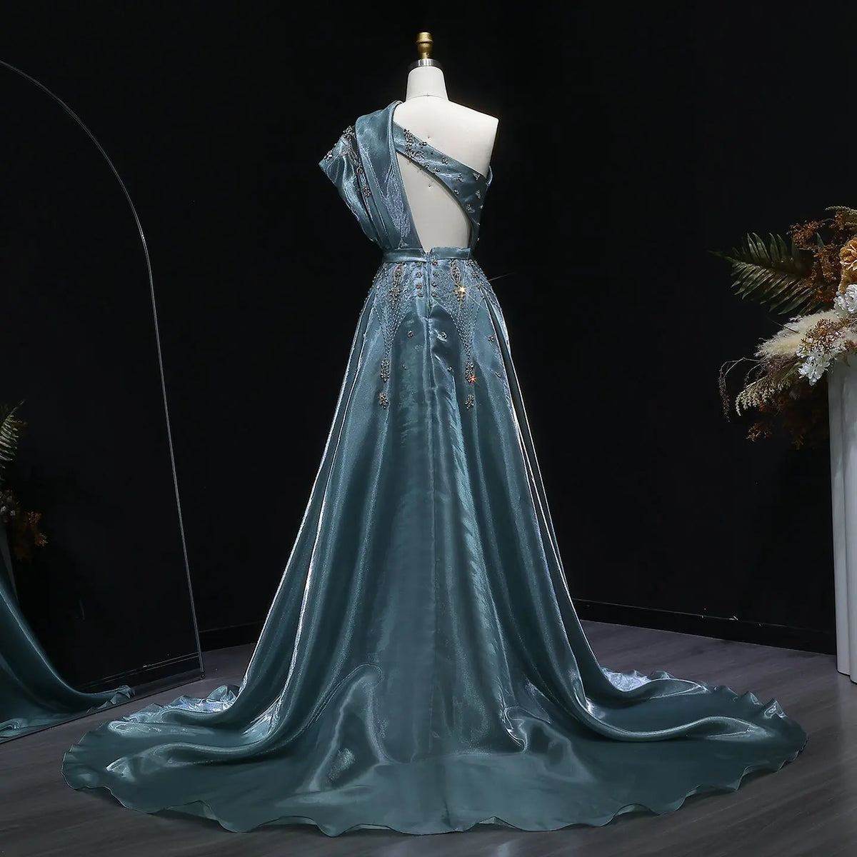 Glamorous Turquoise One-Shoulder Crystal Evening Dress with Overskirt SS600 