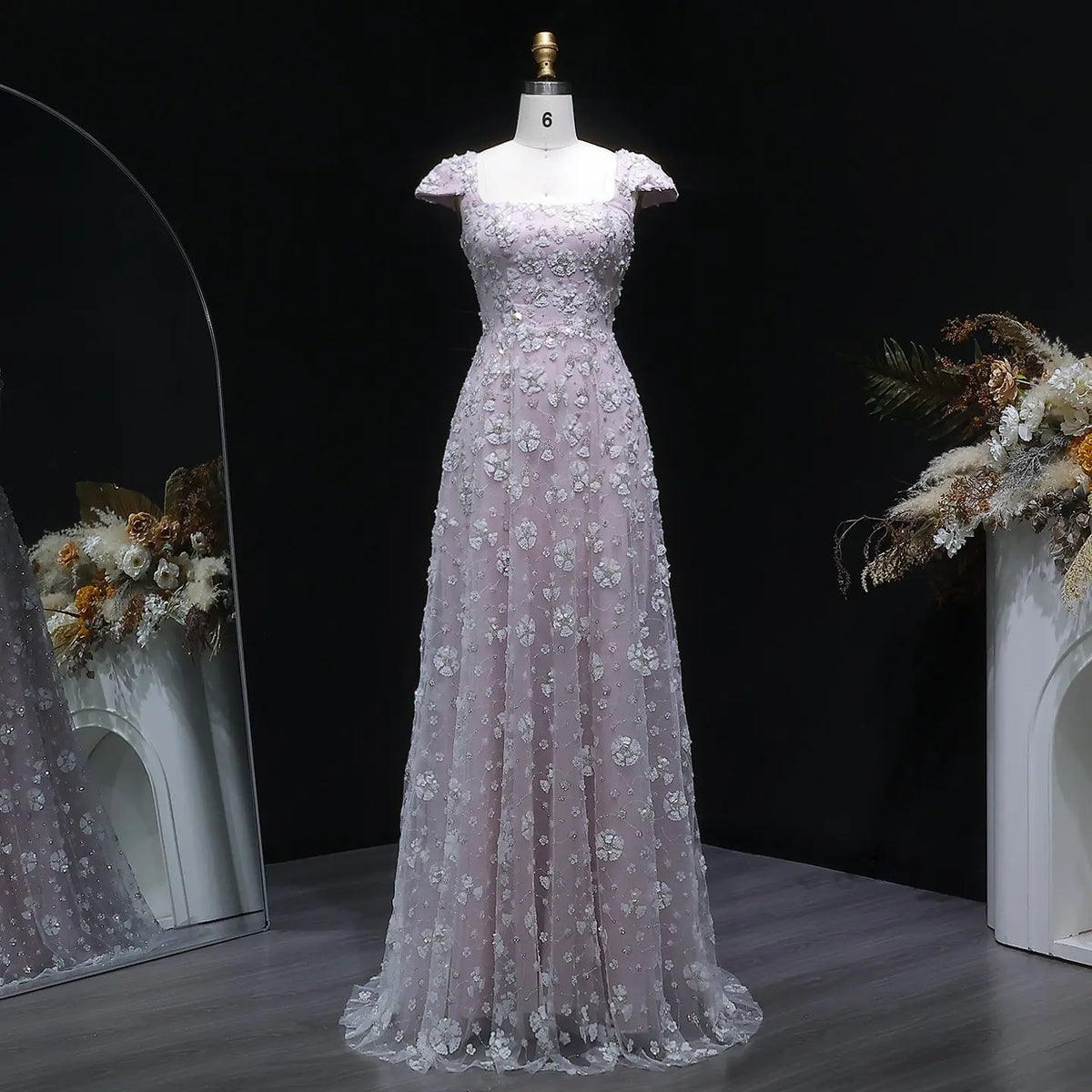 Square Neck Chic Pink Floral Evening Dress SS602 