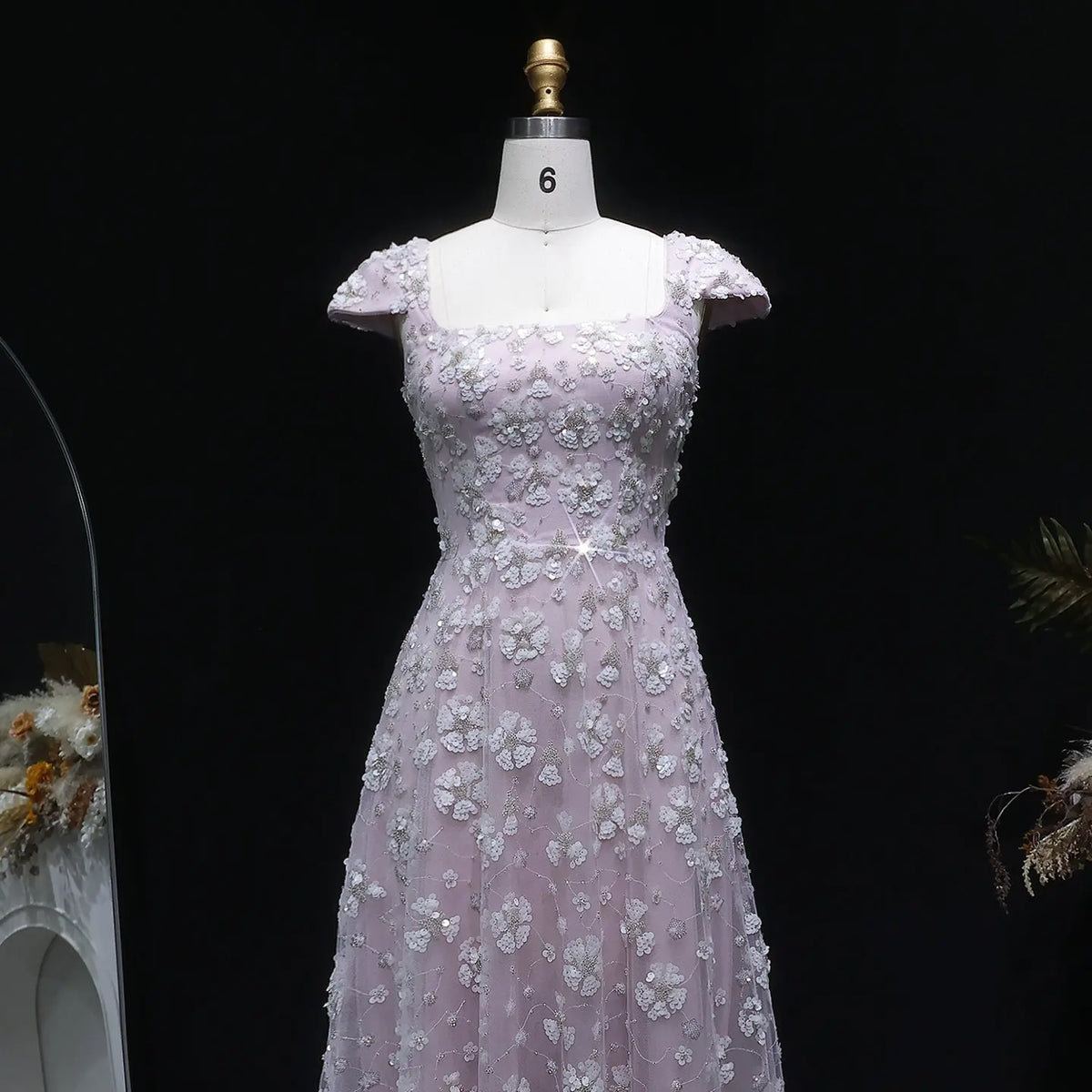 Square Neck Chic Pink Floral Evening Dress SS602 