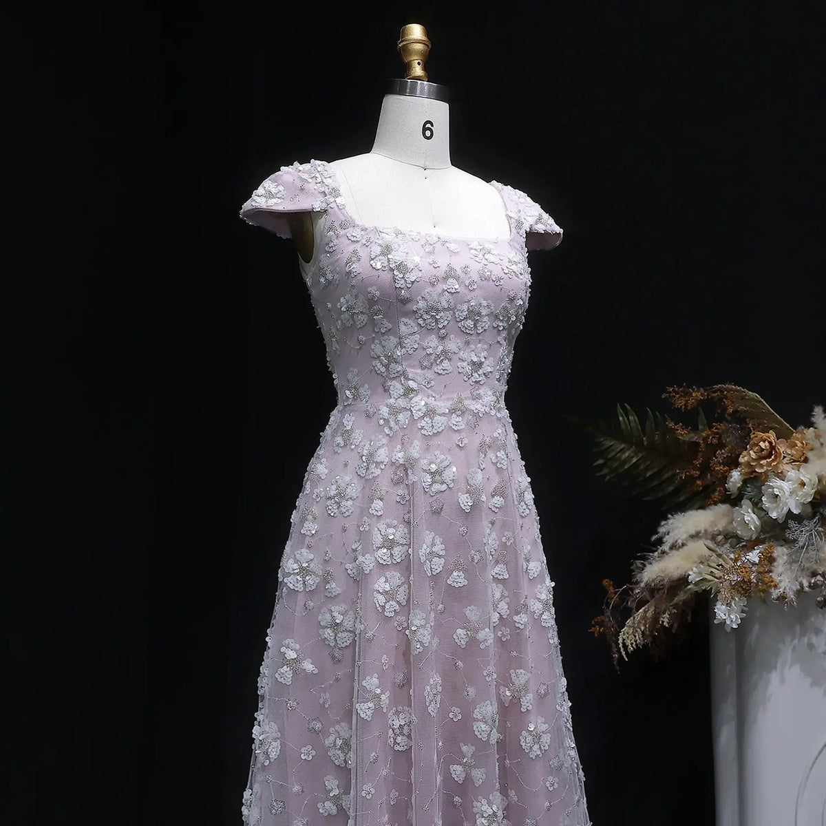 Square Neck Chic Pink Floral Evening Dress SS602 