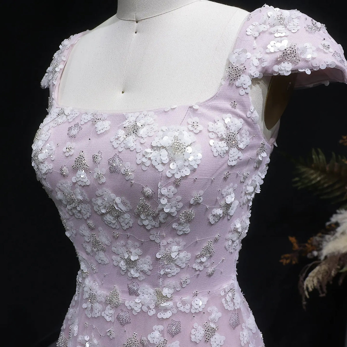 Square Neck Chic Pink Floral Evening Dress SS602 