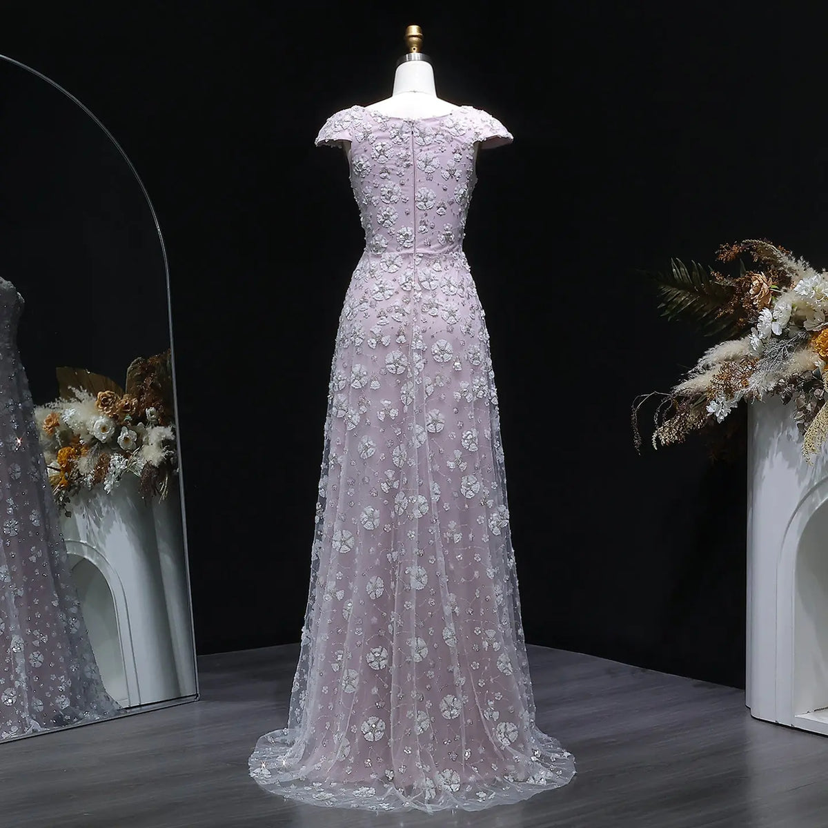 Square Neck Chic Pink Floral Evening Dress SS602 