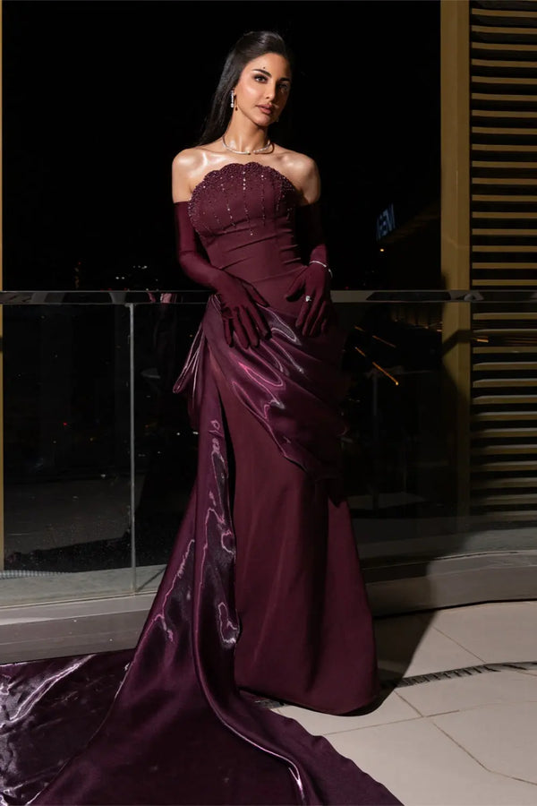 Romantic Burgundy Strapless Beaded Evening Dress with Statement Satin Draped Train SS608