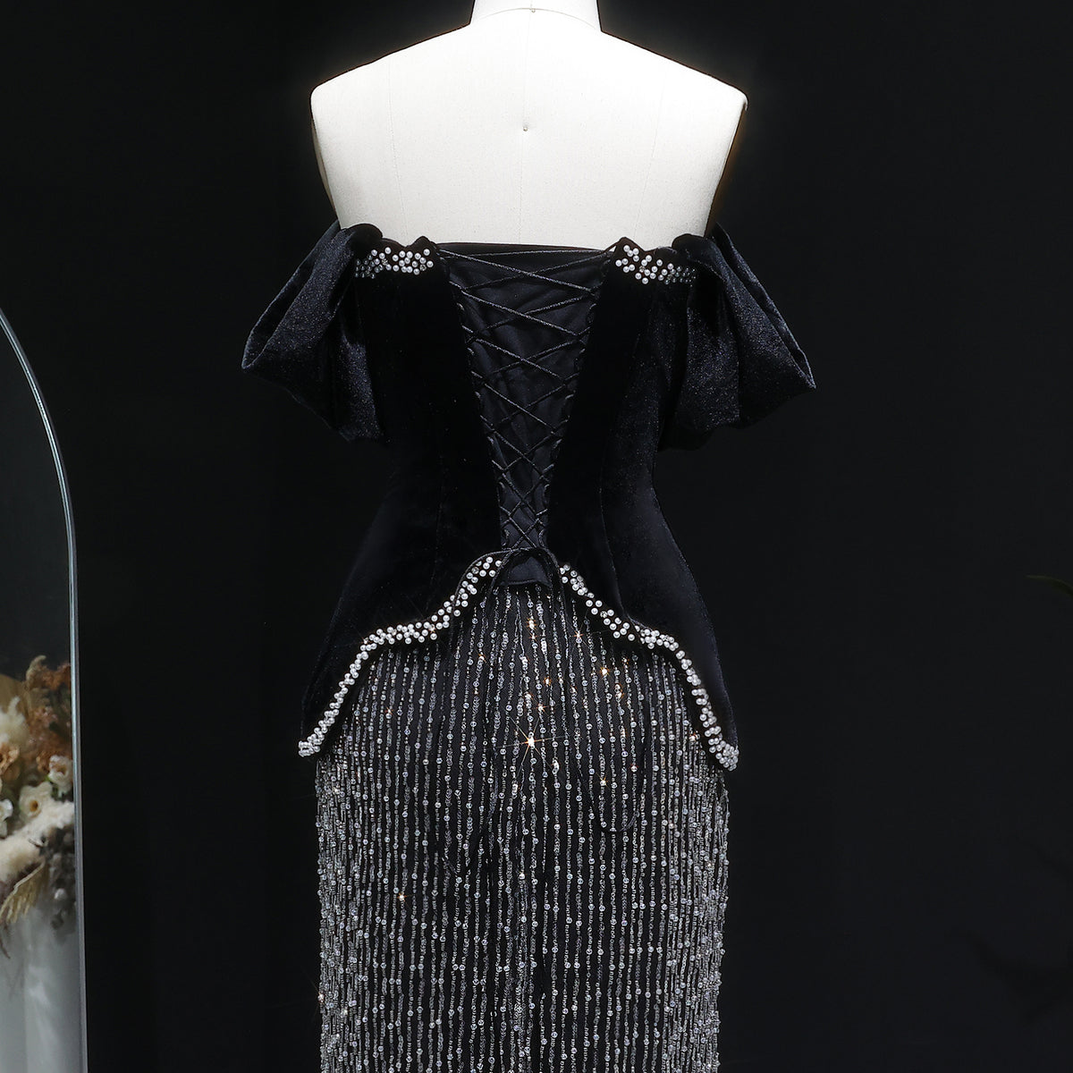 Luxury Black Off Shoulder Sequin Pearl Evening Dress SS615 