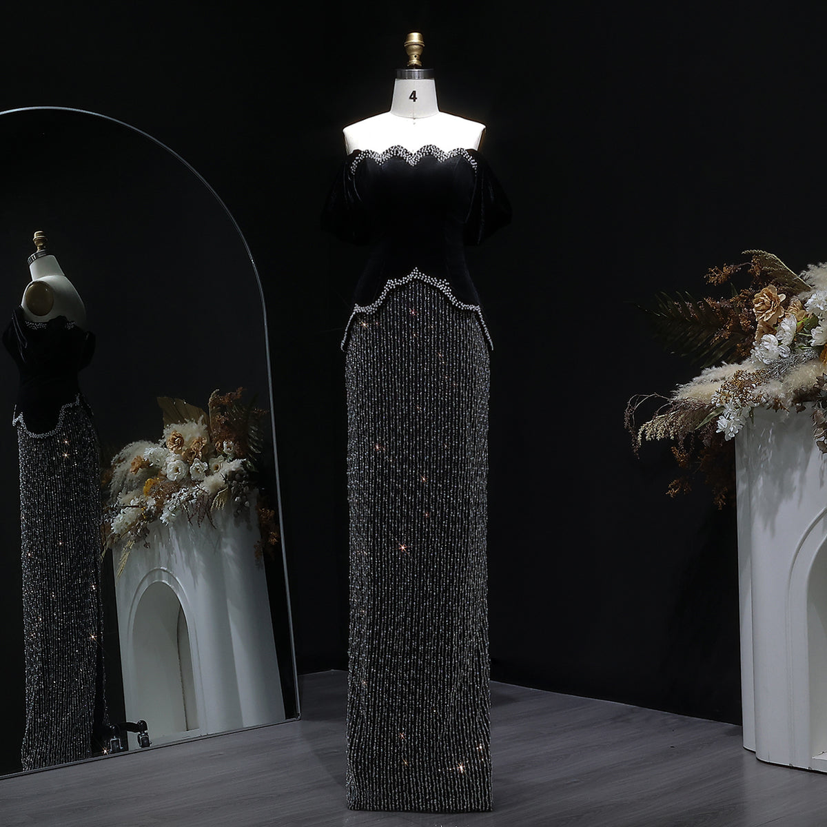 Luxury Black Off Shoulder Sequin Pearl Evening Dress SS615 