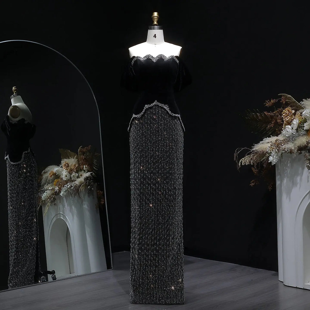 Luxury Black Off Shoulder Sequin Pearl Evening Dress SS615 